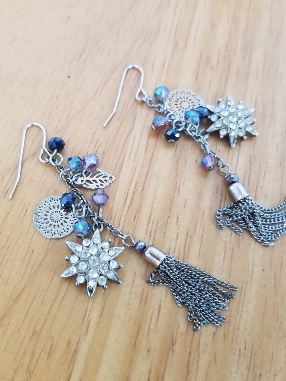Fish Hook Dangle Earrings Brass Celestial 2.75" Drop Tassel